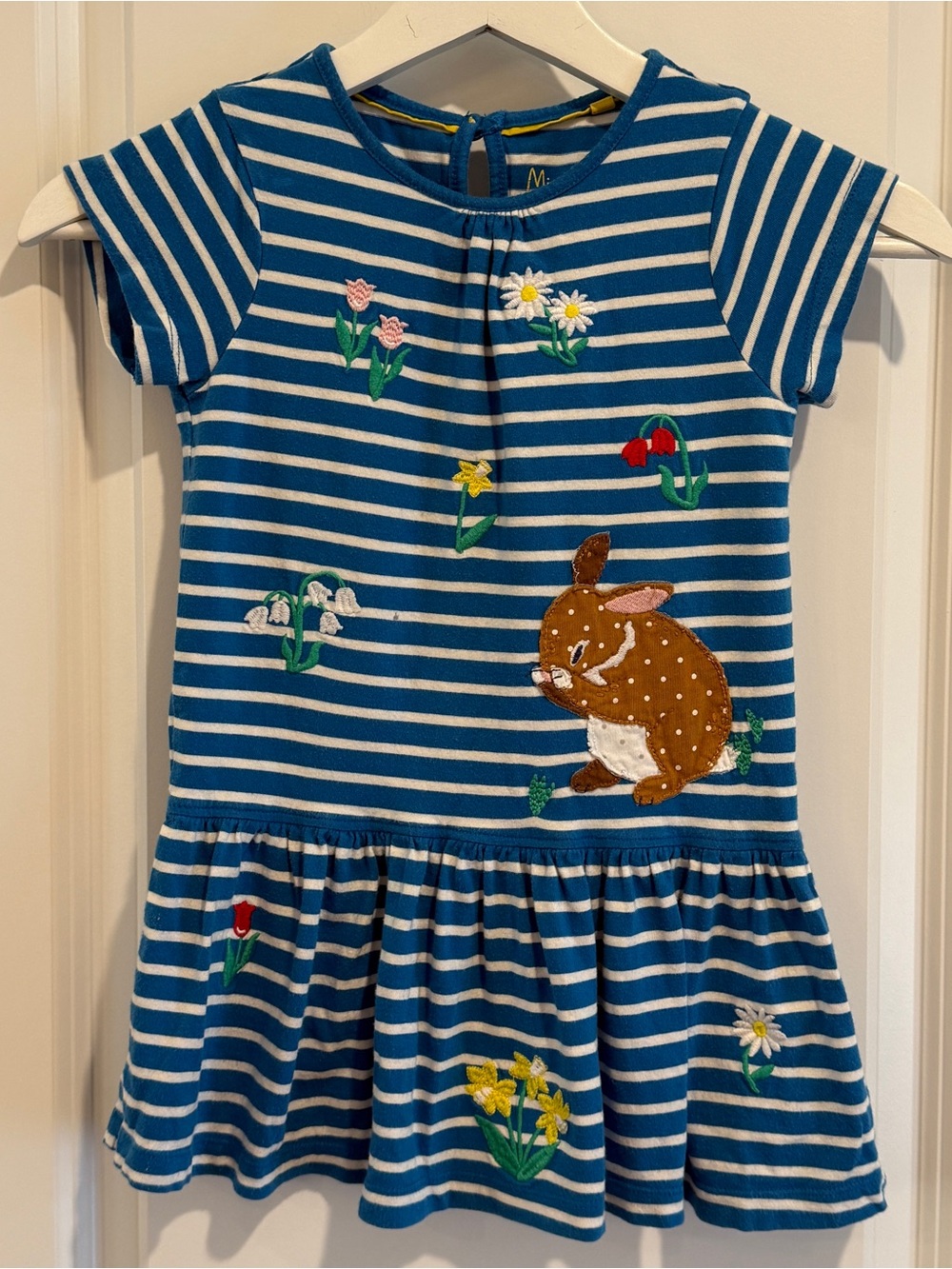 4-5Y Mini Boden Blue and White Striped Bunny Appliqué Dress